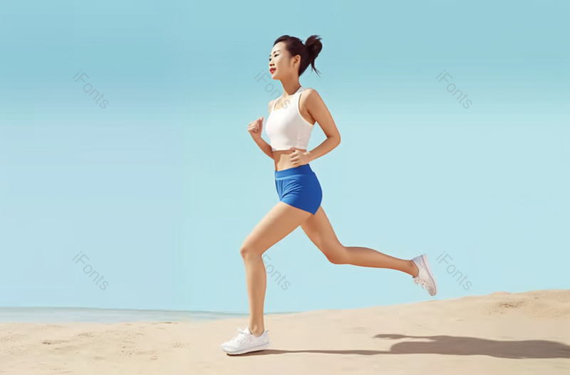 蓝色夏天夏日沙滩在海边跑步的年轻女性摄影背景,高清,摄影图,摄影图片,图片大全,摄影图免费下载